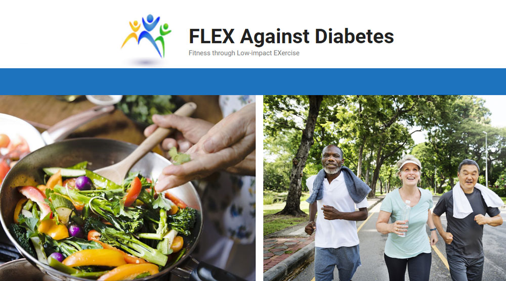 FLEX Against Diabetes logo with vegetables cooking in a pan and 3 diverse seniors running.